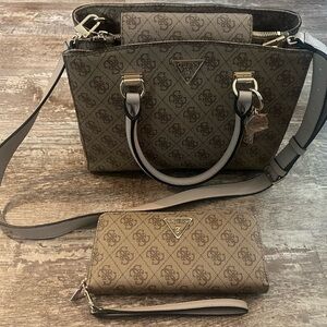 GUESS Brown Monogram Satchel and Wallet